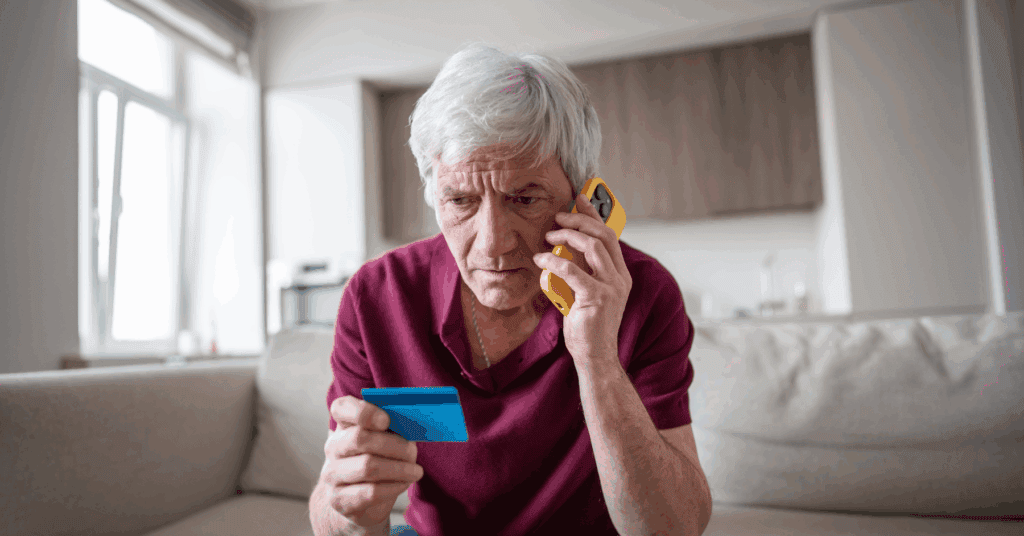 A man on the phone to his bank, holding his credit card. Highlighting the need in cybersecurity for retirees.